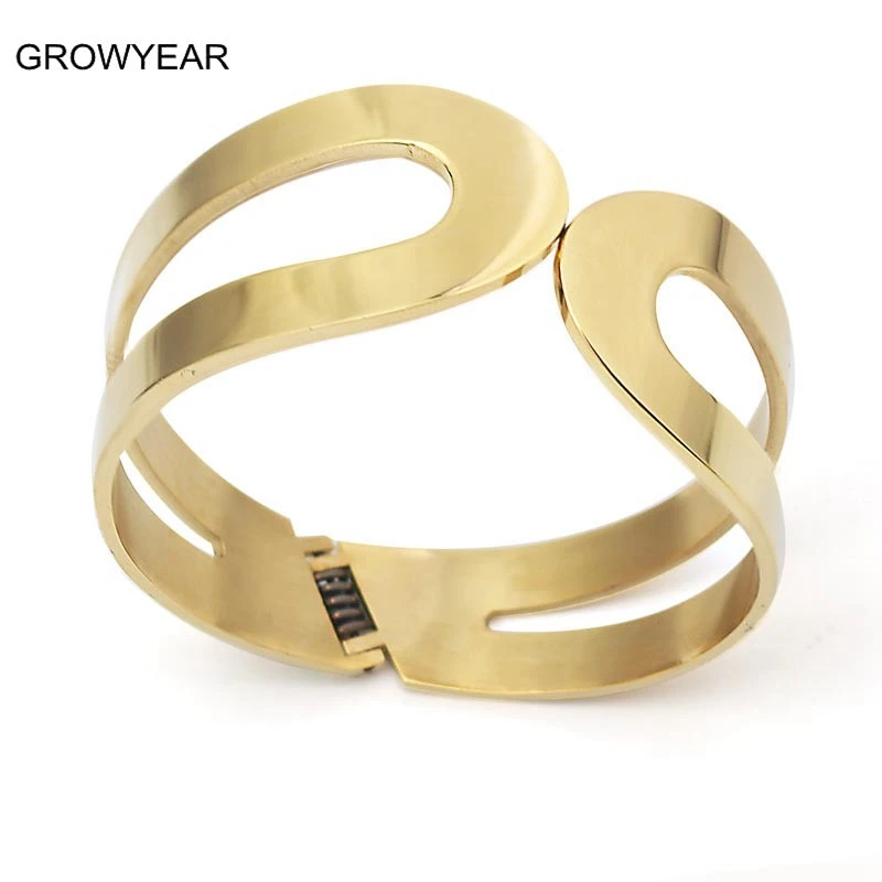 Golden Cuff Hollow Bangle Jewelry CC Shaped Stainless Steel Spring