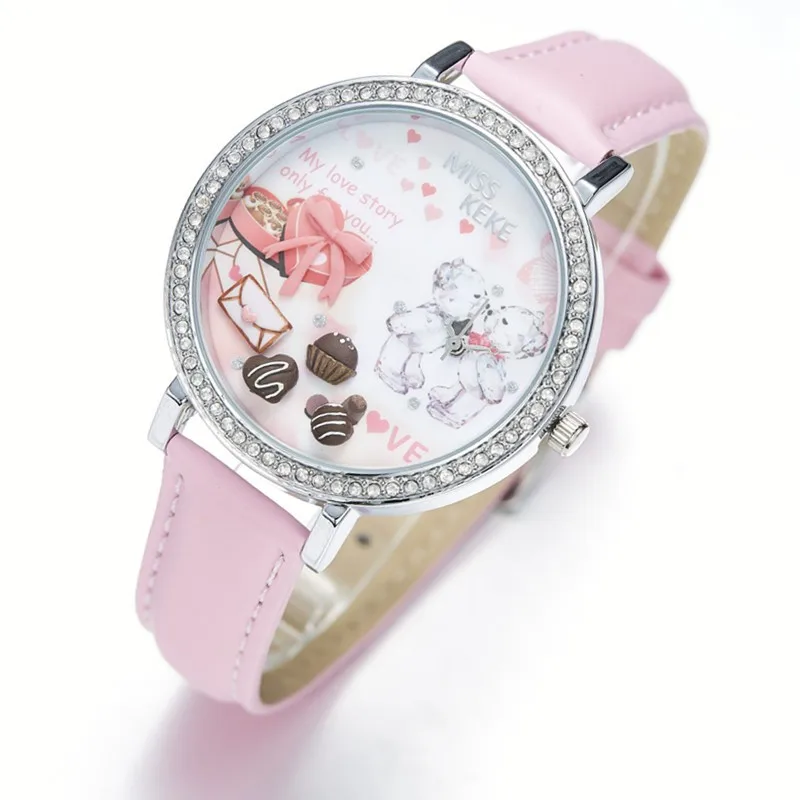 Relojes Mujer Miss Keke 3d глина милый мини мир Стразы Часы Дамы Девушка Прекрасный розовый медведь кварцевые кожаные часы-браслет 905