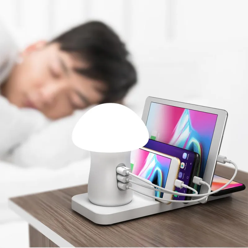 

Multiple USB Phone Charger 3 USB Ports Mushroom Lamp Charging Station for Multiple Devices with Wireless QC 3.0 USB charger