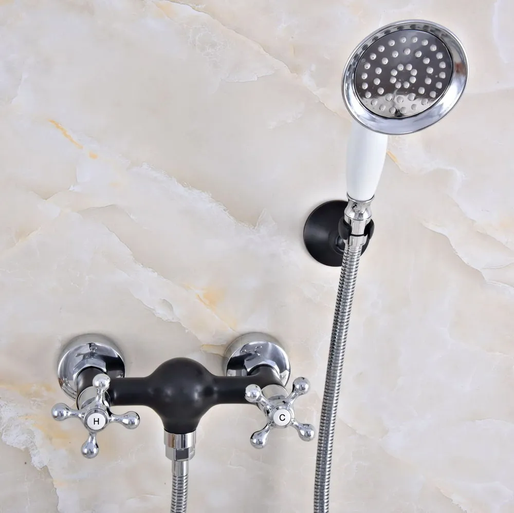 Black & Chrome Brass Wall Mounted Clawfoot Bath Tub Faucet w/ Handheld