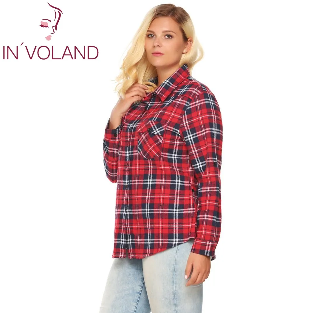 IN'VOLAND, Женская клетчатая блузка, Blusas, топ размера плюс, осенняя Классическая рубашка с отворачивающимся рукавом и карманом, рубашка на пуговицах, больше размера d XL-5XL