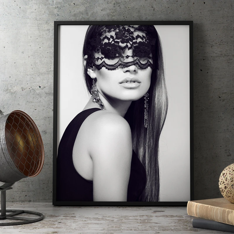 

Nordic poster cuadro sexy Beauty Black and white Mask Lace Cool Woman Large Posters Canvas Paintings for living room Wall Art