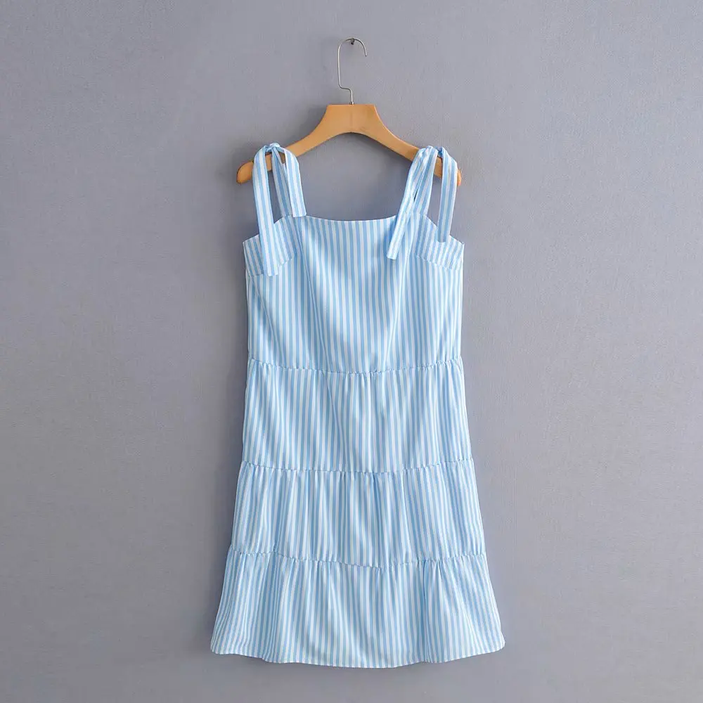 

New women fashion striped print bow tied strap a line dress female back buttons casual vestidos chic party mini dresses DS2609