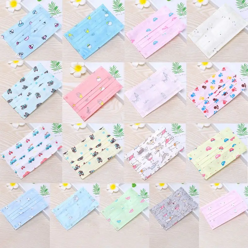 

10Pcs Children Kids Disposable Dustproof Mouth Mask 3 Layers Non-Woven Cute Cartoon Animal Car Printed Earloop Respirator Cover