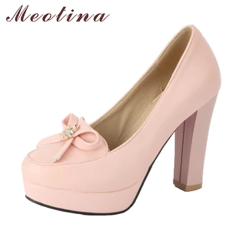 

Meotina Women Platform Pumps Shoes High Heels Party Shoes Spring 2018 Bow-knot Crystal Thick High Heel Shoes Female Plus Size 43