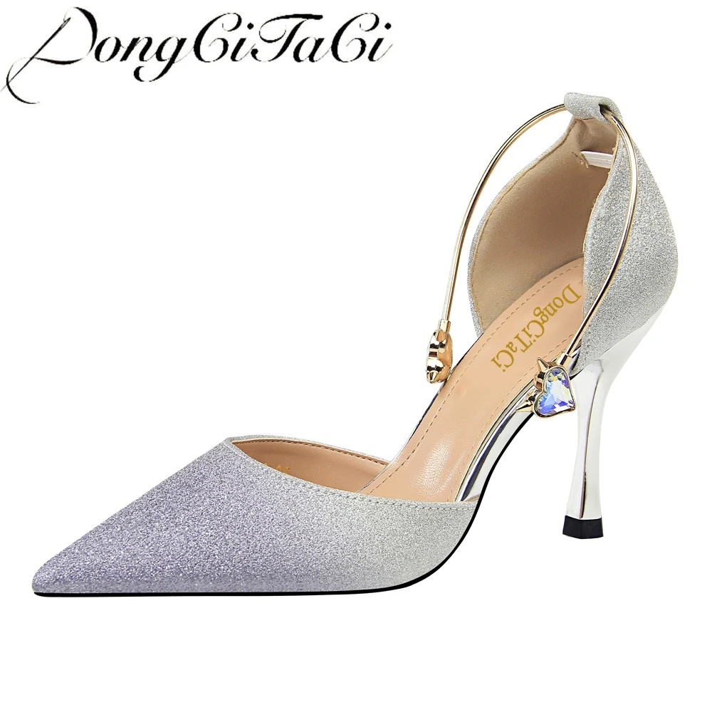 

DongCiTaCi pointed Toe Women High heels Shoes fashion bling crystal madam thin heels metal decoration sexy hollow Nightclub pump