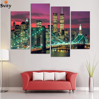 

High Quality 4 Panels Home Decor Wall Art Painting Prints of Manhattan Brooklyn Bridge Artwork Custom Sale--Modern City Painting