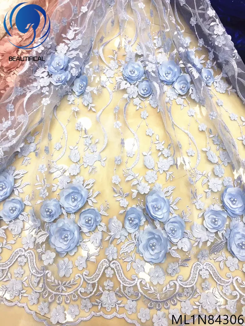 

Beautifical French lace fabrics 3d flowres net lace with beads 2019 high quality nigerian lace sequins embroidery fabric ML1N843