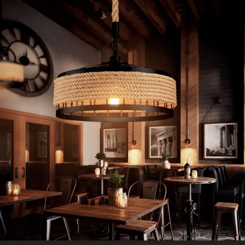

Retro Industrial Lamp Iron Hemp Pendant Bar Lighting Personality Cafe Restaurant Loft Decorative Chandelier Hand Knitted Light