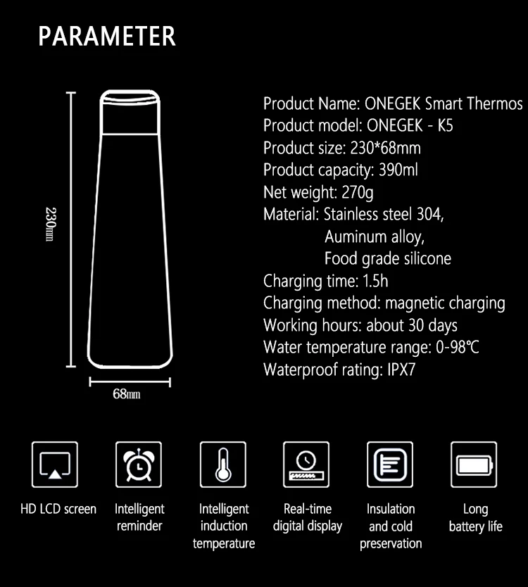 ONEGEK умный термос 304 Вакуумная чашка из нержавеющей стали 380 мл портативная чашка для воды с ЖК-дисплеем и температурным дисплеем Вакуумная бутылка