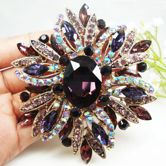 

Free Shipping New Gorgeous Purple Flower Gold-Tone Brooch Pin Rhinestone Crystal