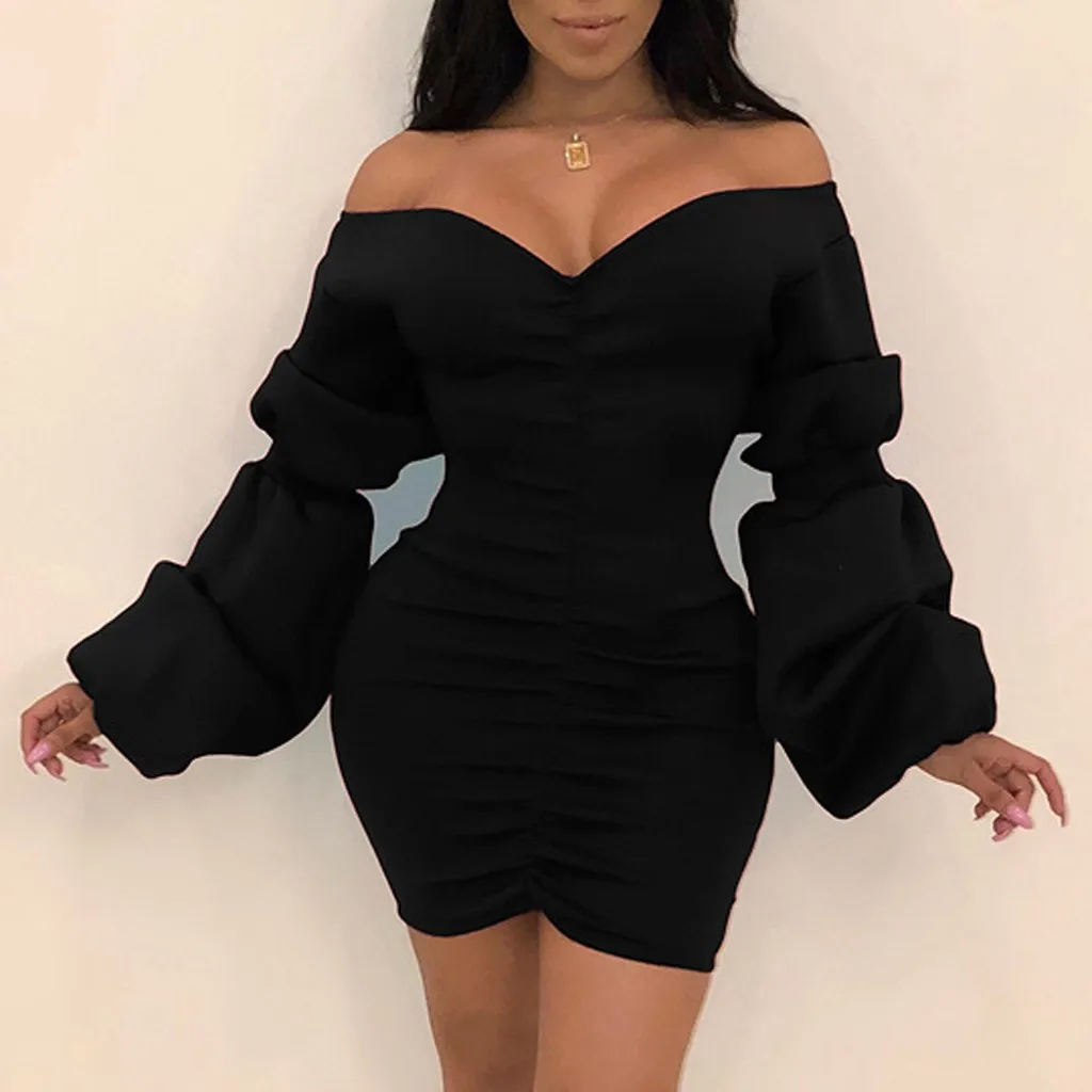 

KANCOOLD Dress Sexy new Fashion Women Pleated Puff Sleeve Fold Dress Bodycon Cocktail Party Sheath Mini Dress women 2018DEC11