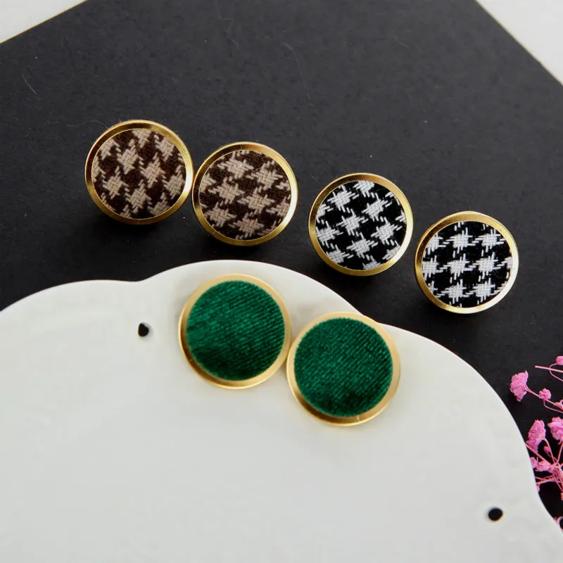 

Japanese and Korean round multicolor Houndstars corduroy velvet round button lattice earrings gift wholesale