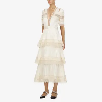 

Women Sexy Deep V Neck Multi Layers Ruffles Party Maxi Dress Runway Designer Hollow Out Lace Short Sleeve Summer Cake Long Dress