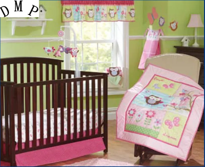 

Promotion! 7PCS Appliqued embroidery Unisex 100% cotton baby bedding crib set ,include(bumper+duvet+bed cover+bed skirt)