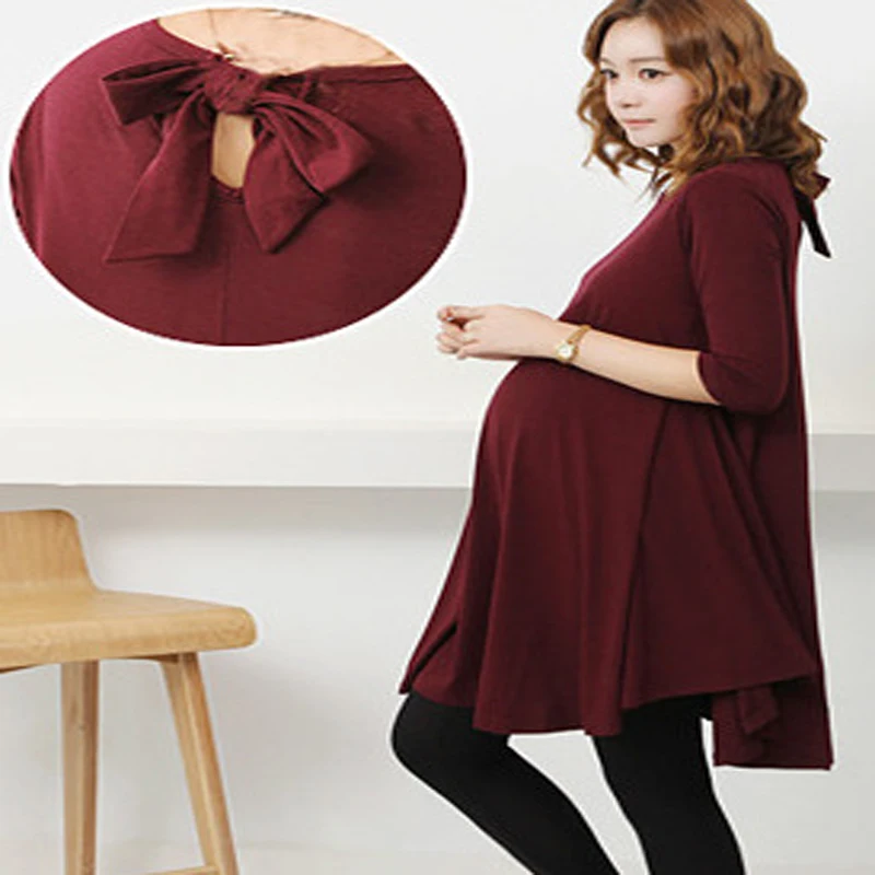 

maternity spring fashion maternity one-piece dress autumn long-sleeve red/black maternity dress maternity clothing top with bow