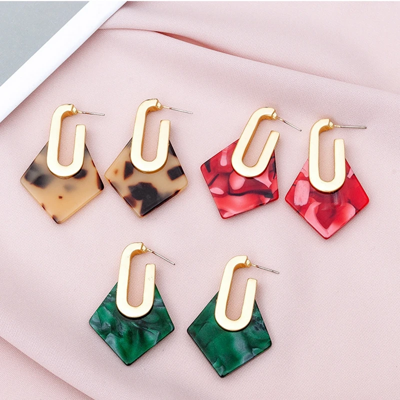 

Korean Dark Green Red Leopard Print Acrylic Drop Earrings U Shape Alloy Geometric Square Dangle Earrings For Women Girl Jewelry