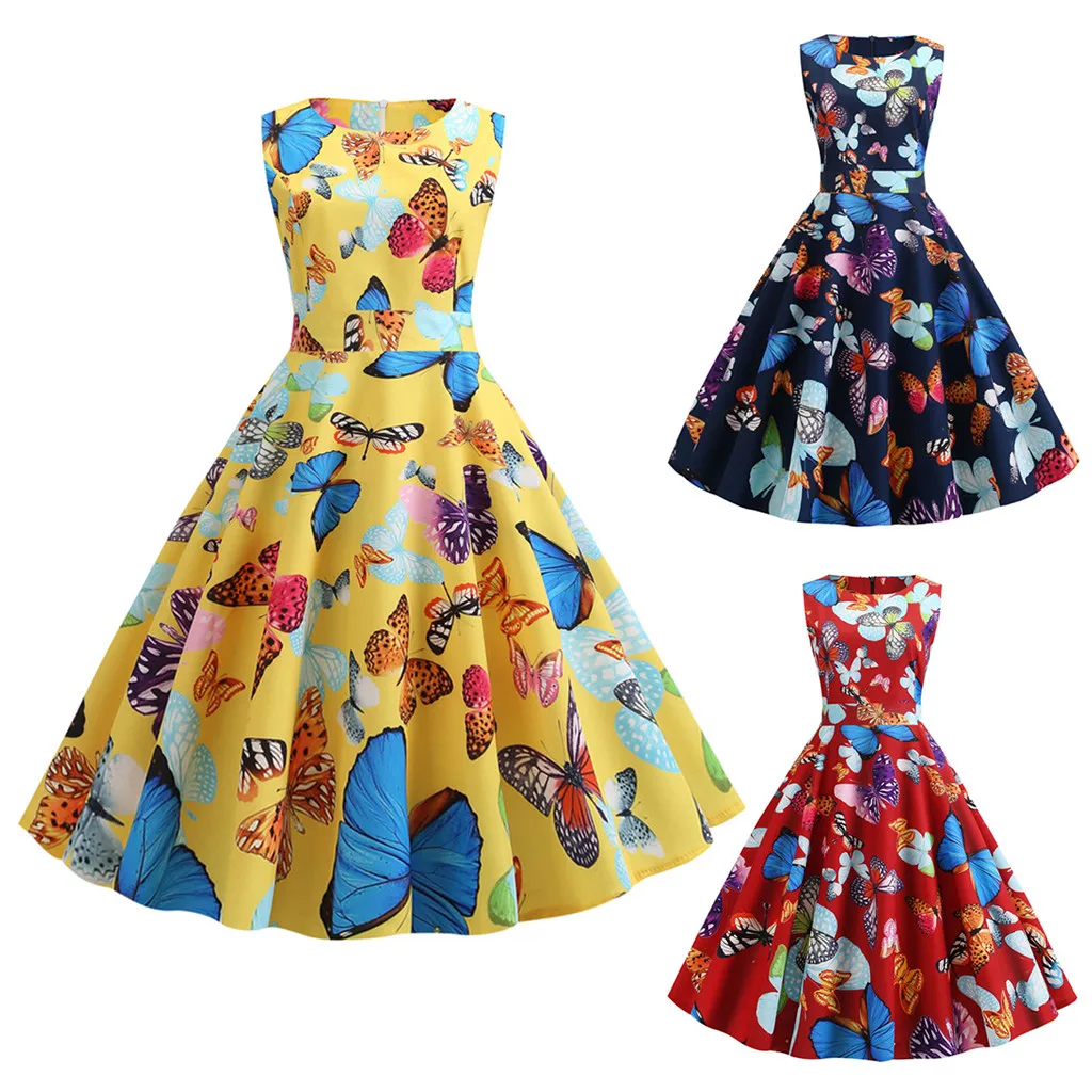 

Women Summer Fashion Casual Vintage Elegant 1950s Retro Sleeveless Print Evening Party Gown Prom Swing Pleated Mid-Calf Dress 50
