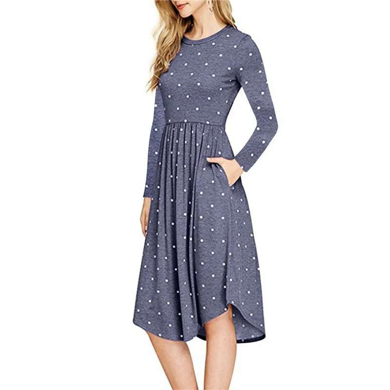 

2018 Europe and America Autumn and Winter New Best Selling Wave Point Printing Women's Long-sleeved Dress