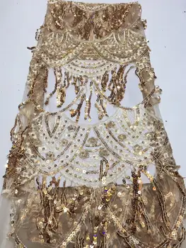 

Unique Tassel Design African Sequins Net Lace Fabric High Quality 2019 Nigeria Indian Embroidery Guipure Mesh Gold Sequined Lace
