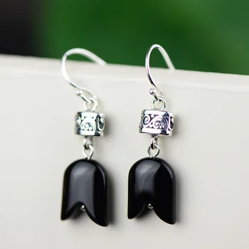 

Silver 925 Jewelry Earring Natural Gemstone Black Agate Vintage Flowers Earrings For Women Boucles D'Oreilles Argent 925