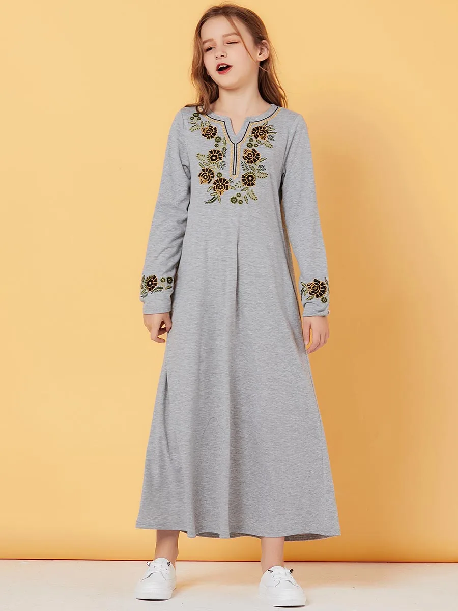 BNSQ Kiddie одежда для родителей и детей платье макси для мамы и дочки серые платья с длинными рукавами и вышитым карманом для девочек арабские женщины