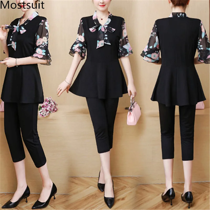 

Summer Two Piece Sets Women Plus Size Printed Chiffon Patchwork Bow Tops And Cropped Pants Suits Elegant Fashion Women's Sets