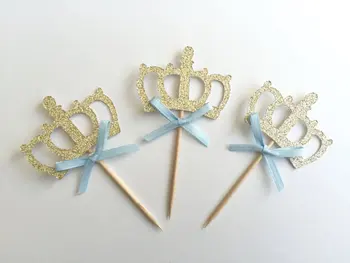 

antique gold Glitter crown Cupcake Toppers with blue Bow boy baby shower Birthday wedding toothpicks party decor