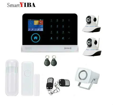 

SmartYIBA WIFI 3G Touch Alarm Panel With 2pcs Network Cameras Metal Remote Control Door Gap Alarm PIR Motion Sensor Wired Horn