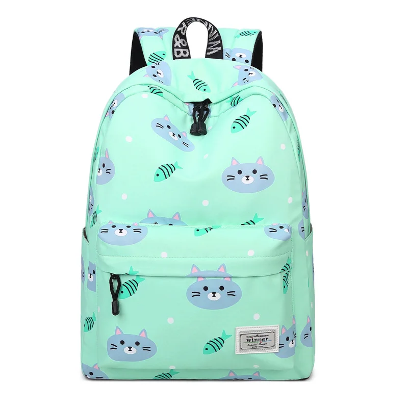 casual women cute cat and fish printing backpack back open a book