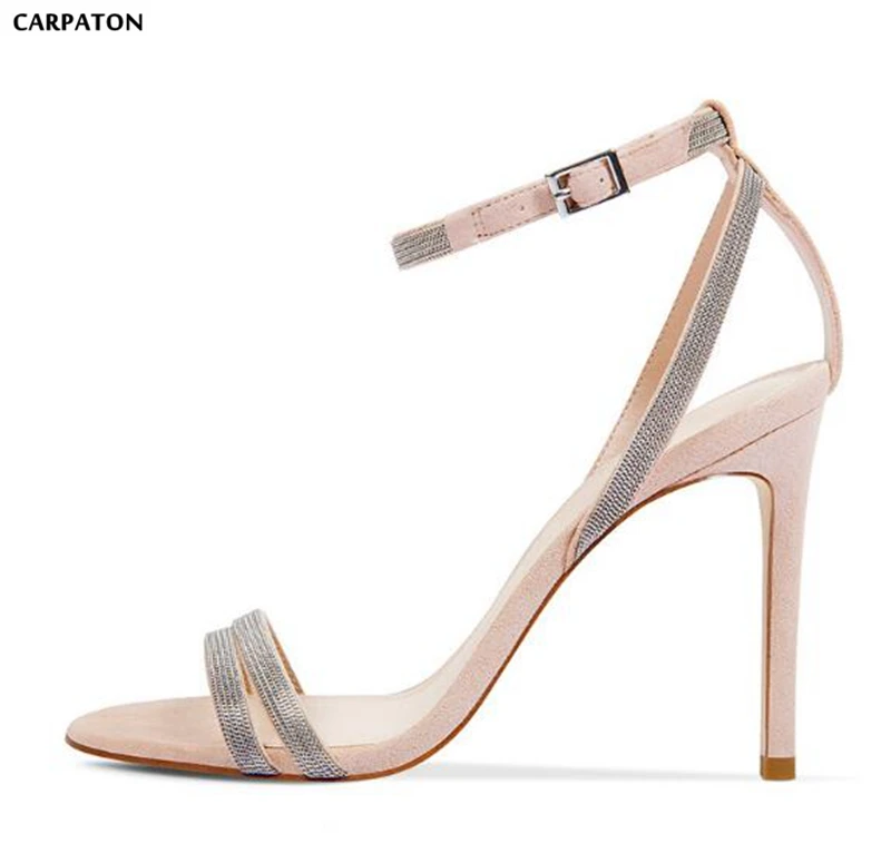 Carpaton 2018 Newest Side Frosted Leather Metal Chain Style Rome Sexy Women Ankle Buckle Open Toe Style Thin High Heels Sandals
