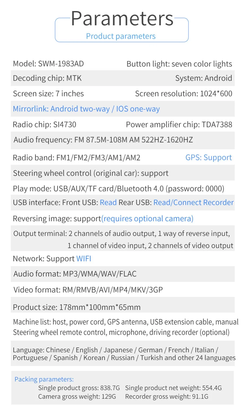 Автомагнитола 2Din Android/ISO двухстороннее Mirrorlink " Авторадио \ gps \ FM \ AM \ TF карта \ Wifi \ Bluetooth \ обратное изображение \ стерео управление аудио