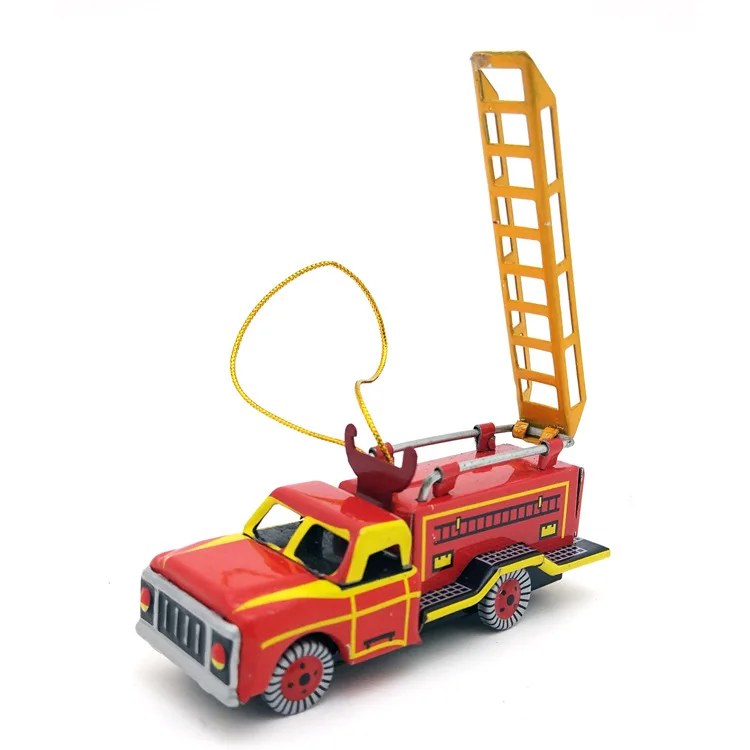 

[Hot] Adult Collection Retro Wind up toy Metal Tin fire truck scaling ladder car pendant Clockwork toy model vintage toy gift