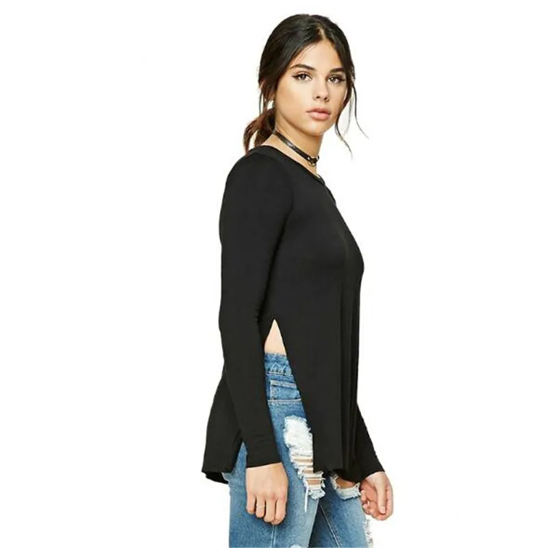 WKOUD 2018 الجانبية سبليت تي شيرت للنساء الأزياء الحلوى الألوان قمم ضئيلة كامل تيز الصيف تي شيرت الإناث عارضة تي شيرت t8162