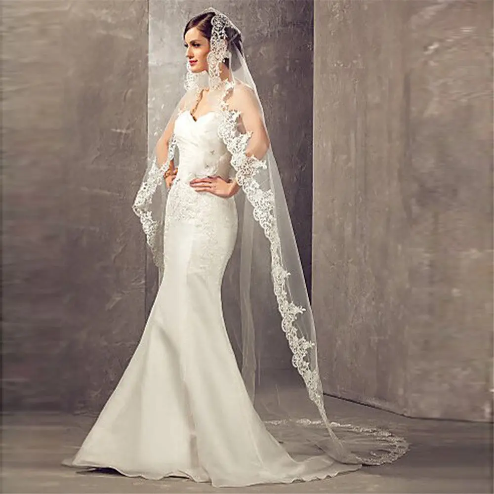 Günstige Lange Hochzeit Schleier Ohne Kamm Spitze Rand Weiß Elfenbein Braut Voile Ehe Kathedrale Länge Hochzeit Zubehör Neue