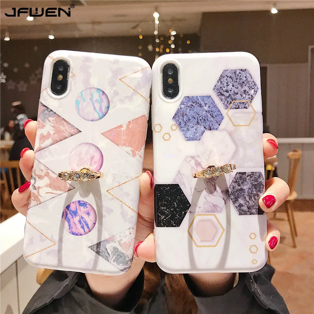 

Luxury Rhinestone Marble Case For Iphone XS Max XR X 7 6 6S 8 Plus Case Soft TPU Finger Ring Holder Back Cover For iphone 7 Case
