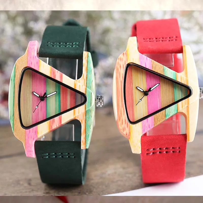 

Unique Colorful Wood Watch Creative Triangle Shape Dial Hour Clock Women Quartz Leather Bracelet Watch Women's Wrist Reloj Mujer