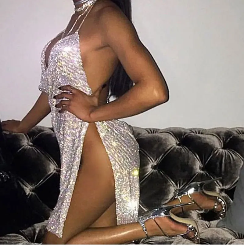 

2019 Crystal diamond Metal Halter Shining Summer V-Neck Dress Women Beach Dress Sequin Sexy Night club Party Dresses Vestidos