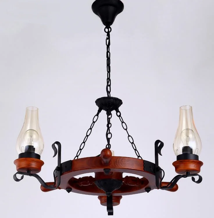 Luces colgantes europeas Retro, madera maciza, barra de hierro