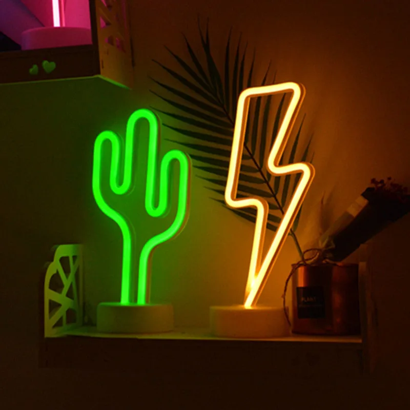  LED Neon Night Light Pineapple Cactus Shape with Base Battery Powered Table Lamp for kids room holi - 32948559774