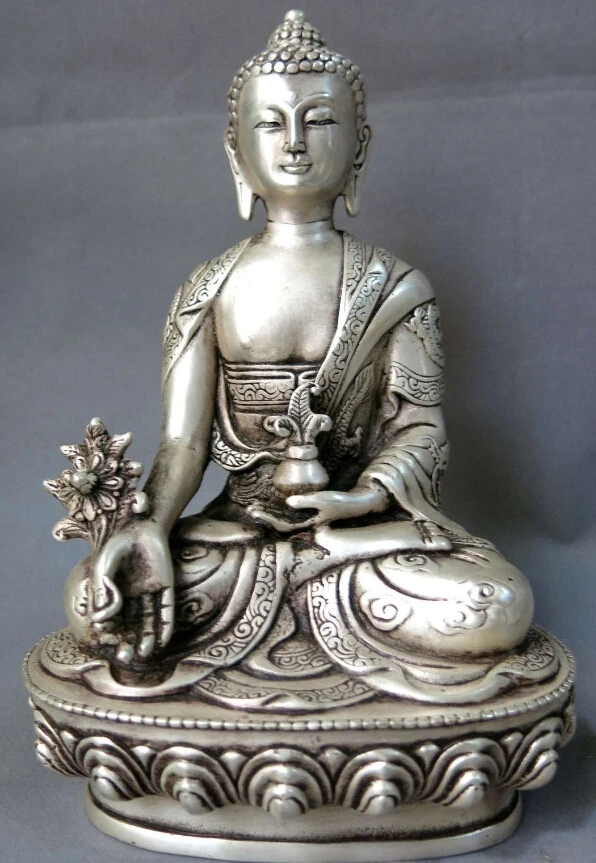 

8" China silver dragon feng shui lucky buddhism Medicine Buddha sculpture Statue