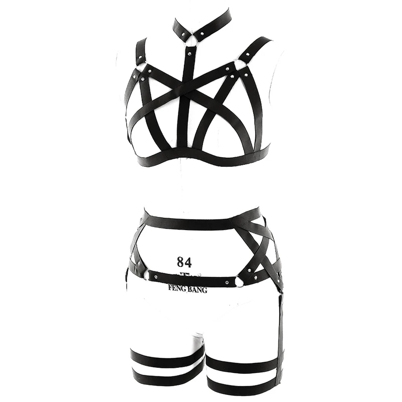 Women Cut Out Black Full Body Harness Bondage Body Caged Bra Sexy Lingerie Gothic Dance Halloween Tops Pentagram Garter Belt Set Women Cut Out Black Full Body Harness Bondage Body Caged Bra Sexy Lingerie Gothic Dance Halloween Tops Pentagram Garter Belt Set