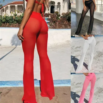 

Women Beach Cover Up New Mesh Sheer Bikini Cover Up Swimwear Ruffle Flare Pants High Waist Trousers See Through Pants Beach Wear