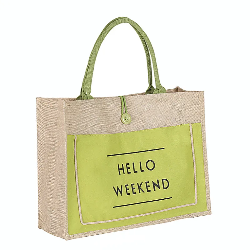 Европейский стиль, джутовая Хлопковая Сумка-тоут, Женская Большая вместительная Повседневная сумка для покупок, сумка на плечо - Цвет: Зеленый