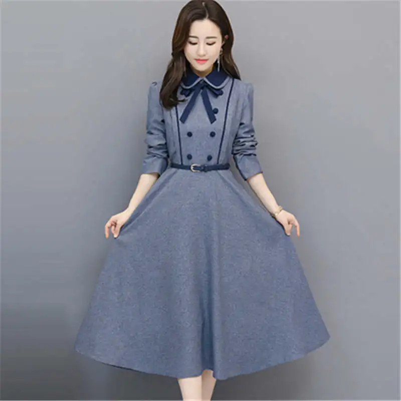 

2019 spring and autumn women's dress fashion doll collar A word retro dress with belt elegant party long sleeves DW33