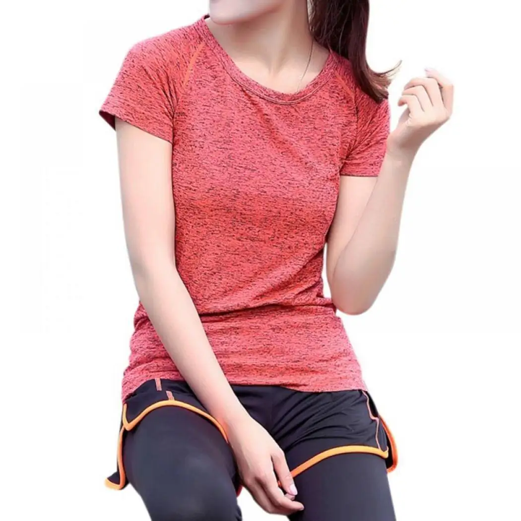 Спортивный топ для йоги, женские спортивные рубашки, быстросохнущая футболка для бега, спортивный топ для фитнеса с круглым вырезом и коротким рукавом, однотонный цвет - Цвет: orange