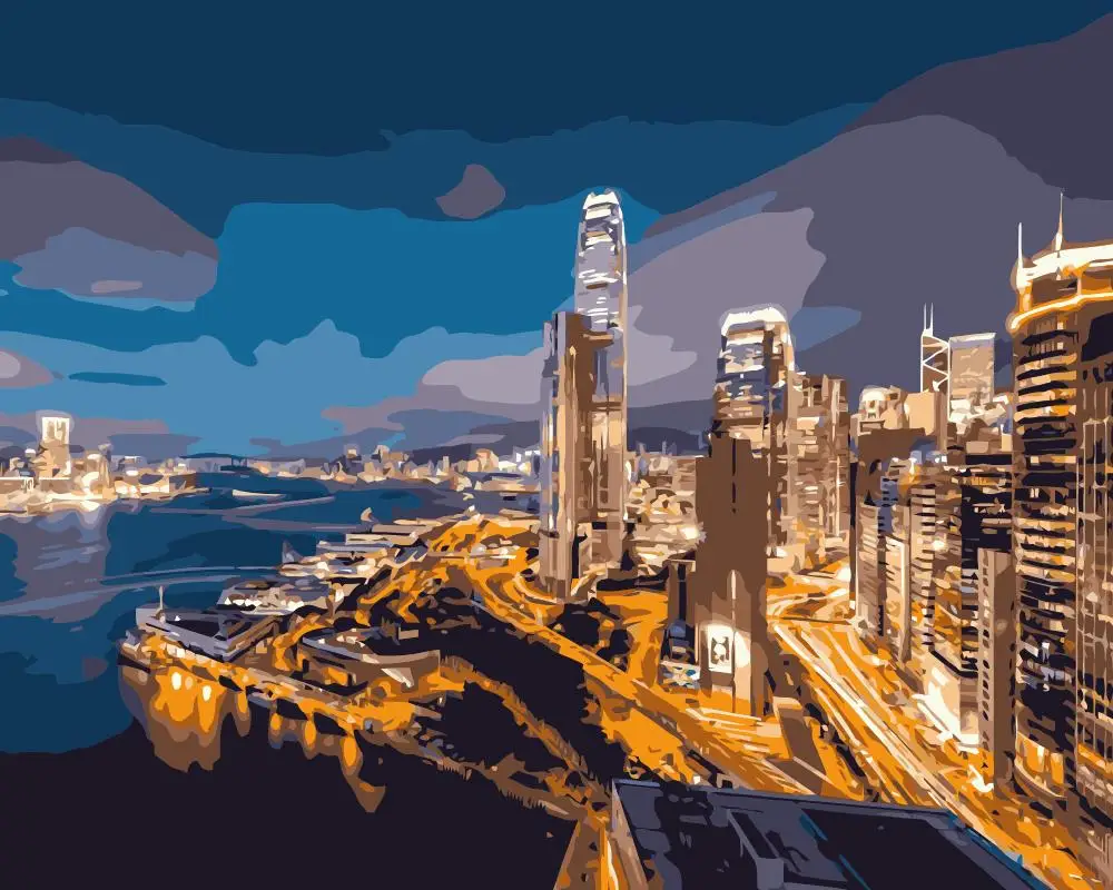 MaHuaf j359 Hong Kong night bay skyscraper lights oil painting by
