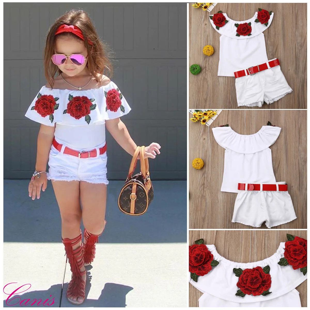 

Toddler Baby Girl Clothes Flower Off Shoulder Ruffled Tops+Denim Ripped Shorts 2PCS Outfits Summer Clothes