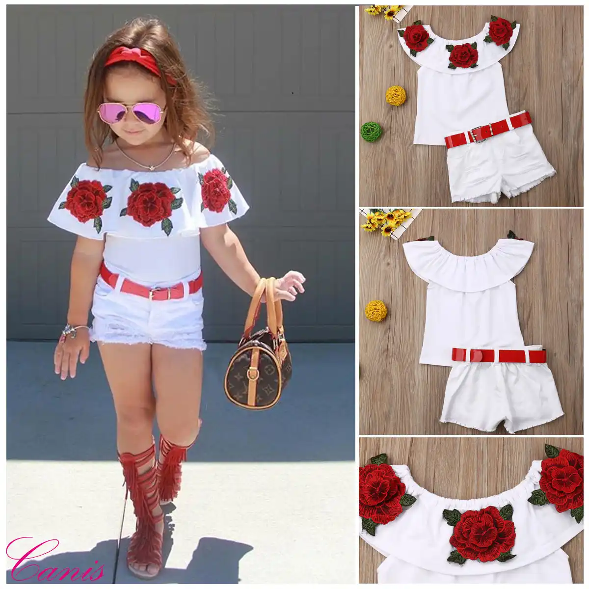 Toddler Baby Girl Clothes Ruffled Sleeve Off Shoulder Floral Striped Strap Crop Top+Ripped Denim Shorts 2PCS Pants Outfit Set