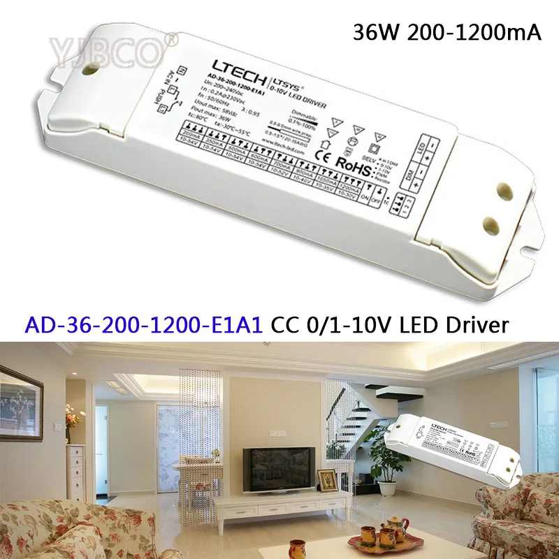 

LTECH 0/1-10V led dimming driver;AD-36-200-1200-E1A1;AC200-240V input; 10-54VDC output 36W 200-1200mA CC 0/1-10V LED Driver